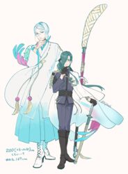  2boys bad_id bad_twitter_id blue_hair boots cape cross-laced_footwear eyeliner finger_to_own_chin green_hair hair_over_one_eye height_difference holding holding_weapon japanese_clothes kijinoido long_hair makeup male_focus multiple_boys musical_touken_ranbu naginata nikkari_aoe polearm see-through sheath sheathed smile sword tomoegata_naginata touken_ranbu uchigatana weapon yellow_eyes 