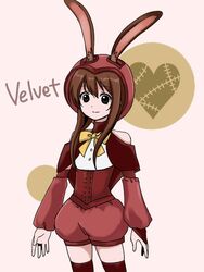  animal_ears bloomer brown_hair female hood moromoimaru puffy_pants ribbon rwby simple_background smile thighhighs velvet_scarlatina 