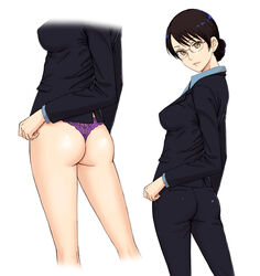  ass bad_id bad_pixiv_id black_hair brown_eyes closed_mouth collared_shirt commentary covered_nipples earrings female formal glasses hair_bun highres jewelry kaburagi_yuki kikuchihara_aki kneepits lace light_smile looking_at_viewer looking_back multiple_views no_pants office_lady pant_suit panties pants purple_panties re:creators shiny_skin shirt short_hair simple_background single_hair_bun stud_earrings suit thong underwear white_background 