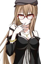  bad_id bad_pixiv_id brown_eyes brown_hair female glasses hat lindoh_flores long_hair original red-eyes_macadamiachoco solo 