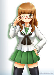  bespectacled brown_eyes brown_hair commentary_request female girls_und_panzer glasses highres hoshikawa_tsukimi long_hair one_eye_closed school_uniform serafuku standing takebe_saori thighhighs 