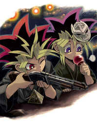  ... 2boys alternate_costume blonde_hair caf_(artist) commentary_request dyed_bangs gun mask millennium_puzzle multicolored_hair multiple_boys muto_yugi one_eye_closed purple_eyes purple_hair red_eyes red_hair two-tone_hair weapon yami_yugi yu-gi-oh! yu-gi-oh!_(toei) 