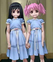  2girls ahoge akemi_homura belt black_eyes black_hair blue_skirt cropped dress empty_eyes flat_chest flower grady_sisters_(the_shining) hair_ribbon hairband hallway holding_hands horror_(theme) imageboard_desourced indoors kairunoburogu kaname_madoka long_hair looking_at_viewer mahou_shoujo_madoka_magica mahou_shoujo_madoka_magica_(anime) multiple_girls non-web_source pale_skin parody pink_hair ribbon short_twintails skirt sleeveless sleeveless_dress standing the_shining twintails 