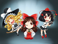  3girls :d ^^^ apron ascot black_dress black_footwear black_hair black_ribbon black_skirt blonde_hair bow broom broom_riding brown_eyes brown_hair buttons camera chibi commentary cup danmaku!! detached_sleeves dress frilled_dress frilled_skirt frills geta hair_tubes hairbow hakurei_reimu hat hat_bow holding holding_camera holding_cup kirisame_marisa looking_at_viewer m._beatriz_garcia mary_janes multiple_girls one_eye_closed open_mouth photoshop_(medium) puffy_sleeves red_bow red_eyes red_footwear ribbon round_teeth seiza shameimaru_aya shirt shoes short_hair short_sleeves simple_background sitting skirt skirt_set smile socks teacup teeth tengu-geta tokin_hat touhou waist_apron white_bow white_legwear white_shirt wide_sleeves witch_hat yellow_eyes 