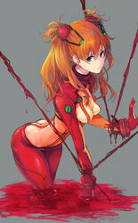  ass blue_eyes bodysuit bondage bondage bound bound_wrists bracer breasts clothes_writing commentary_request cowboy_shot evangelion:_2.0_you_can_(not)_advance female from_side frown gloves grey_background hair_between_eyes headgear highres lcl leaning_forward long_hair looking_at_viewer looking_back mille_(dieci) multicolored_bodysuit multicolored_clothes neon_genesis_evangelion orange_bodysuit orange_hair perky_breasts pilot_suit plugsuit rebuild_of_evangelion red_bodysuit see-through small_breasts solo souryuu_asuka_langley test_plugsuit thighs turtleneck two_side_up wading 