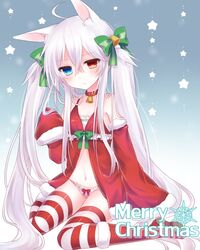  ahoge alice_claudia animal_ears babydoll bad_id bad_pixiv_id bell blush bow bow_panties cat_ears choker christmas commentary_request detached_sleeves female hairbow heterochromia long_hair merry_christmas navel original panties sitting sleeves_past_wrists snowflakes solo striped_clothes striped_panties striped_thighhighs thighhighs tsukikage_nemu twintails underwear very_long_hair white_hair 