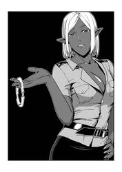  belt breasts cleavage collar collarbone commentary contrapposto dark-skinned_female dark_elf dark_skin elf female greyscale hand_on_own_hip jing_mian_tu large_breasts looking_at_viewer monochrome parted_lips pointy_ears short_hair simple_background solo standing uniform 