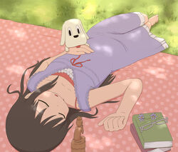  bare_shoulders barefoot black_hair blanket book buddha canine carving closed_eyes collarbone commentary_request dappled_sunlight dress female flower glasses grass long_hair lying minakami_mai nichijou on_back outdoors parted_lips sleeping statue sunlight tomboo unworn_eyewear 