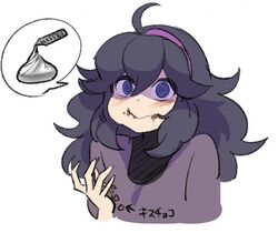  @_@ agawa_ryou ahoge black_hair blue_eyes blush chocolate commentary cropped_torso eating female food food_on_face hairband hershey&#039;s_kisses hex_maniac_(pokemon) long_hair messy_hair pokemon pokemon_xy purple_hairband simple_background smile solo spoken_food translated turtleneck upper_body white_background 