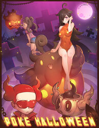  3girls absurdres artist_name bare_shoulders black_hair brown_hair commentary_request covered_navel creature_and_personification dark-skinned_female dark_skin drawing full_moon halloween highres leotard moon multiple_girls night night_sky orange_leotard personification phantump photoshop_(medium) pokemon pokemon_(creature) pumpkaboo red-tinted_eyewear red_hair ryushin shauna_(pokemon) sitting sky sunglasses team_flare team_flare_grunt team_flare_uniform tinted_eyewear 