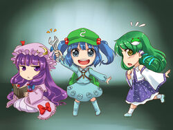  3girls ^^^ backpack bag blue_bow blue_eyes blue_footwear blue_hair blue_ribbon book boots bow chibi commentary crescent crescent_hat_ornament danmaku!! detached_sleeves dress frilled_dress frilled_sleeves frills frog_hair_ornament from_side green_eyes green_hair hair_bobbles hair_ornament hair_ribbon hair_tubes hat hat_ornament hat_ribbon japanese_clothes jitome kawashiro_nitori key kneeling kochiya_sanae legs_apart long_hair looking_at_viewer m._beatriz_garcia miko mob_cap multiple_girls pajamas patchouli_knowledge photoshop_(medium) purple_eyes purple_hair reading red_bow red_ribbon ribbon round_teeth rubber_boots running simple_background skirt skirt_set snake snake_hair_ornament standing striped_clothes striped_dress sweatdrop teeth touhou twintails two_side_up very_long_hair wide_sleeves wrench 