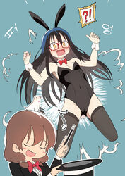  !? 2girls absurdres animal animal_ears animal_on_head aqua_background bird bird_on_head black_hair black_legwear black_leotard blush blush_stickers bow bowtie breasts brown_hair bural_chingu cameltoe cleavage closed_eyes commentary covered_navel d: detached_collar dove eyes_visible_through_eyewear fake_animal_ears full_body glasses hair_between_eyes ham_na-bi hat highres holding holding_clothes holding_hat ju_hyeon-mi korean_commentary korean_text leotard long_hair low-tied_long_hair low_twintails luke_(dydansgur) magician multiple_girls musical_note on_head open_mouth playboy_bunny rabbit_ears rabbit_tail rectangular_mouth red-framed_eyewear simple_background smile strapless strapless_leotard surprised tail thighhighs top_hat twintails unworn_hat unworn_headwear wand wrist_cuffs yellow_eyes 