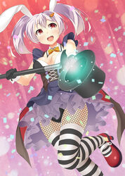  :d animal_ears bad_id bad_pixiv_id black_gloves blush breasts carrot_hair_ornament confetti detached_collar fake_animal_ears female fishnets food-themed_hair_ornament gloves hair_ornament hairclip hat highres holding holding_clothes holding_hat holding_staff kankitsunabe_(citrus) large_breasts light_purple_hair long_hair looking_at_viewer magician moe2016 open_mouth original photoshop_(medium) rabbit_ears red_eyes red_footwear ribbon shoes skirt sleeveless smile solo staff striped_clothes striped_thighhighs teeth thighhighs top_hat twintails unworn_hat unworn_headwear yellow_ribbon 