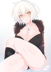  ass bad_id bad_pixiv_id black_panties boots breasts crossed_legs fate/grand_order fate_(series) female fur_trim grin highres jeanne_d&#039;arc_alter_(fate) jeanne_d&#039;arc_alter_(ver._shinjuku_1999)_(fate) large_breasts looking_at_viewer makabe_gorou official_alternate_costume panties short_hair smile solo underwear white_hair yellow_eyes 