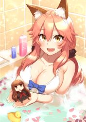  2girls :d animal_ears bathing bathroom bathtub bikini black_serafuku blue_bow blush bottle bow bow_bikini breasts brown_eyes brown_hair character_doll cleavage collarbone commentary_request eyebrows fate/extra fate/extra_ccc fate_(series) fox_ears fox_tail hair_between_eyes hair_ornament hair_scrunchie holding indoors jitome kishinami_hakuno_(female) kneehighs large_breasts long_hair long_sleeves looking_at_viewer multiple_girls oerba_yun_fang official_alternate_costume open_mouth oyaji-sou partially_submerged petals petals_on_liquid pink_hair rose_petals rubber_duck school_uniform scrunchie serafuku shiny_skin sleeves_past_wrists smile soap_bottle soap_bubbles socks swimsuit tail tamamo_(fate) tamamo_no_mae_(fate/extra) tamamo_no_mae_(sexy_bikini)_(fate) tile_wall tiles toy triangle_mouth tsukumihara_academy_uniform_(fate/extra_ccc) twintails upper_body water water_drop white_bikini yellow_eyes 