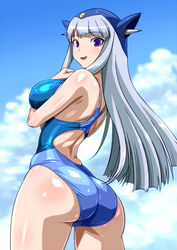  anime_coloring ass bare_shoulders blue_sky breasts cloud cloudy_sky commentary_request competition_swimsuit day female getter_robo grey_hair hat large_breasts long_hair looking_back monteriakitto one-piece_swimsuit open_mouth protogetter_(robot_girls_z) purple_eyes robot_girls_z shiny_skin sky solo standing swimsuit 