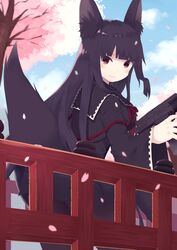  animal_ears black_hair cherry_blossoms cloud cloudy_sky commentary_request day female fox_ears fox_tail gun holding holding_weapon long_hair looking_at_viewer looking_back nekomo original petals red_eyes sky smile solo submachine_gun tail tree uzi weapon wide_sleeves 