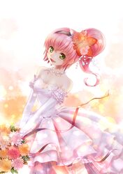  bouquet commentary_request dress elbow_gloves female flower gloves green_eyes hair_flower hair_ornament hairband highres kanonno_grassvalley kururi_(oekaki_nikki) pink_hair short_hair side_ponytail smile solo strapless strapless_dress tales_of_(series) tales_of_the_world_radiant_mythology_3 wedding_dress white_dress white_gloves 