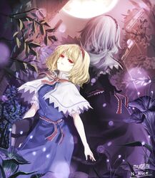  2girls alice_margatroid back-to-back black_dress blonde_hair blue_dress capelet commentary_request cowboy_shot dress dual_persona full_moon grimoire_of_alice hairband lolita_hairband looking_at_viewer m.u.g.e.n moon multiple_girls n_alice neck_ribbon necktie night parted_lips red_eyes red_necktie red_ribbon ribbon rion_(glayjirobass) sash short_hair touhou 