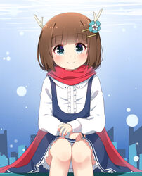  absurdres air_bubble antlers blue_dress blue_eyes blue_flower blunt_bangs blush brown_hair bubble center_frills closed_mouth commentary dress female flower frills hair_flower hair_ornament hairclip highres horns ikazu401 indie_utaite kano_(utaite) long_hair long_sleeves own_hands_together red_scarf scarf shirt sitting sleeveless sleeveless_dress sleeves_past_wrists smile solo underwater utaite white_shirt 