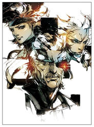  2boys bandana facial_hair female headband meryl_silverburgh metal_gear_(series) metal_gear_solid_4:_guns_of_the_patriots moustache multiple_boys official_art old_snake raiden_(metal_gear) shinkawa_youji solid_eye solid_snake 