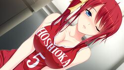  16:9 1girls :&lt; akino_subaru asymmetrical_hair bare_shoulders basketball basketball_jersey basketball_uniform blue_eyes blush breast_squeeze breasts clavicle cleavage dutch_angle erect_nipples erect_nipples_under_clothes female female_only game_cg gym_uniform hair_ornament hair_ribbon hatsukoi_1/1 jersey large_breasts lips looking_at_viewer nipple_bulge nipples no_bra nose_blush one_eye_closed open_mouth pokies ponytail red_hair ribbon short_hair side_ponytail sleeveless slender_waist solo sportswear tank_top tied_hair tone_work&#039;s tsukishima_kyou tsurime wink 