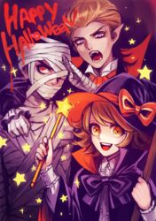  3boys bad_id bad_pixiv_id bandages black_hair brown_eyes brown_hair costume danganronpa:_trigger_happy_havoc danganronpa_(series) fangs fujisaki_chihiro halloween hat ishimaru_kiyotaka long_hair lotter75 male_focus multiple_boys otoko_no_ko owada_mondo purple_eyes red_eyes salute smile star_(symbol) wand 