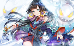  aqua_eyes bare_shoulders black_hair blunt_bangs blurry bowl breasts commentary_request cowboy_shot creature depth_of_field earrings enenra_(onmyoji) female green_eyes hime_cut holding holding_smoking_pipe hoop_earrings japanese_clothes jewelry kiseru liquid long_hair long_sleeves looking_at_viewer medium_breasts off_shoulder onmyoji outstretched_arms photoshop_(medium) pointy_ears pouch ripples sash sibyl smoke smoking_pipe soaking_hands solo straight_hair tassel twisted_torso water_drop wide_sleeves 