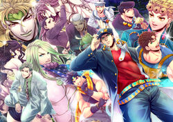  6+boys aqua_eyes battle_tendency belt blonde_hair braid brown_hair chains commentary_request dark-skinned_male dark_skin denim diamond_wa_kudakenai diavolo dio_brando earrings enrico_pucci everyone fingerless_gloves freckles funny_valentine gakuran giorno_giovanna gloves green_hair grey_hair hat higashikata_josuke higashikata_josuke_(jojolion) jeans jewelry johnny_joestar jojo_no_kimyou_na_bouken jojolion jonathan_joestar joseph_joestar joseph_joestar_(young) kars_(jojo) kira_yoshikage kujo_jolyne kujo_jotaro long_hair male_focus manly multiple_boys pants phantom_blood pompadour purple_eyes purple_hair sailor_hat school_uniform single_braid stardust_crusaders steel_ball_run stone_ocean vento_aureo vinegar_doppio yellow_eyes yomotsuki_road 