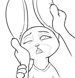  2018 ambiguous_gender anthro black_and_white buckteeth clothed clothing disney duo ear_grab ear_rub female hand_on_cheek judy_hopps lagomorph leporid looking_pleasured mammal monochrome one_eye_closed open_mouth petted_silly rabbit simple_background solo_focus teeth tggeko white_background zootopia 