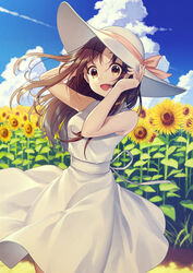  :d blue_sky brown_eyes brown_hair cloud cloudy_sky commentary_request contrail day dress female field floating_hair flower flower_field hat highres long_hair looking_at_viewer open_mouth original outdoors sky smile solo sun_hat sunflower sunflower_field warabimochi_kinako white_dress 