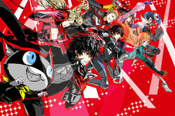  3boys 4girls black_hair blonde_hair blue_eyes blue_hair brown_hair feline glasses gloves hat headphones highres jacket kitagawa_yuusuke kurusu_akira long_hair mask morgana_(persona_5) multiple_boys multiple_girls niijima_makoto okumura_haru orange_hair persona persona_5 red_eyes sakamoto_ryuuji sakura_futaba short_hair skull smile tail takamaki_anne vest zzyzzyy 