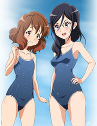  2girls bikini black_hair blue_eyes breast_envy brown_eyes brown_hair commentary_request competition_school_swimsuit glasses hibike!_euphonium highres long_hair multiple_girls one-piece_swimsuit oumae_kumiko school_swimsuit short_hair standing swimsuit tanaka_asuka vzmk2 