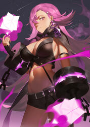  arm_strap belt black_shorts breasts chains cleavage commentary_request crop_top cuffs earrings female forever_7th_capital groin hip_bones jewelry large_breasts long_hair looking_at_viewer lulu_(forever_7th_capital) midriff navel pink_eyes pink_hair scarf shackles short_shorts shorts sleeveless solo suspenders thighs yunsang 