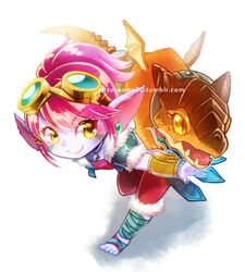  artist_name commentary_request dragon dragon_trainer_tristana earrings feet female fur_trim gauntlets goggles goggles_on_head jewelry league_of_legends mizoreame necklace pink_hair pointy_ears riggle_(league_of_legends) short_hair smile solo toes tristana yellow_eyes yordle 