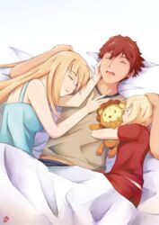  1boy 2girls absurdres ahoge alternate_costume artoria_pendragon_(fate) blonde_hair brown_shirt closed_eyes commentary_request emiya_shirou fate/apocrypha fate/stay_night fate_(series) girl_sandwich highres hug long_hair lying mordred_(fate) mordred_(fate/apocrypha) mother_and_daughter multiple_girls nachtness on_side open_mouth parted_lips pon_de_lion red_hair saber_(fate) sandwiched shirt short_hair signature sleeping type-moon 