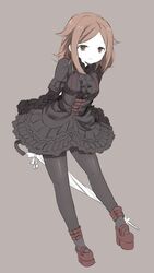  alternate_costume arms_behind_back bad_id bad_pixiv_id black_dress black_pantyhose brown_eyes brown_hair closed_mouth closed_umbrella corset dress female frills full_body gothic_lolita holding holding_umbrella kunichika_yuu leaning_forward lolita_fashion long_hair looking_at_viewer nogiwa_kaede pantyhose platform_footwear red_footwear shoes simple_background smile solo standing umbrella white_umbrella world_trigger 