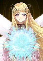  aigis_(sennen_sensou_aigis) arch blonde_hair blush commentary_request dark_background derivative_work dress female frills head_wreath indoors long_hair looking_at_viewer magic narumizg pink_dress purple_eyes sennen_sensou_aigis signature smile solo standing very_long_hair white_wings wide_sleeves wings 