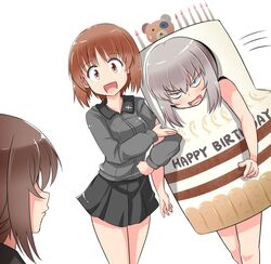  3girls :d alternate_costume black_skirt blue_eyes blush boko_(girls_und_panzer) brown_eyes brown_hair cake cake_costume candle commentary constricted_pupils costume dress_shirt english_text food frown girls_und_panzer grey_hair grey_shirt happy_birthday itsumi_erika kitayama_miuki kuromorimine_school_uniform locked_arms long_hair long_sleeves looking_at_another looking_at_viewer miniskirt motion_lines multiple_girls nishizumi_maho nishizumi_miho open_mouth pleated_skirt restrained school_uniform shirt short_hair siblings simple_background sisters skirt smile standing v-shaped_eyebrows white_background 