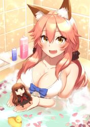  2girls :d animal_ears bathing bathroom bathtub bikini black_serafuku blue_bow blush bottle bow bow_bikini breasts brown_eyes brown_hair character_doll cleavage collarbone commentary_request eyebrows fate/extra fate/extra_ccc fate_(series) fox_ears fox_tail hair_between_eyes hair_ornament hair_scrunchie highres holding indoors jitome kishinami_hakuno_(female) kneehighs large_breasts long_hair long_sleeves looking_at_viewer multiple_girls oerba_yun_fang official_alternate_costume open_mouth oyaji-sou partially_submerged petals petals_on_liquid pink_hair rose_petals rubber_duck school_uniform scrunchie serafuku shiny_skin sleeves_past_wrists smile soap_bottle soap_bubbles socks swimsuit tail tamamo_(fate) tamamo_no_mae_(fate/extra) tamamo_no_mae_(sexy_bikini)_(fate) tile_wall tiles toy triangle_mouth tsukumihara_academy_uniform_(fate/extra_ccc) twintails upper_body water water_drop white_bikini yellow_eyes 