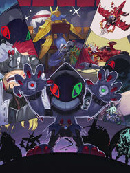  armor bucket bucket_on_head cape claws commentary_request digimon digimon_(creature) digital_hazard digitamamon dracumon drawing dukemon extra_eyes gankoomon grani_(digimon) green_eyes grin gun headband highres horns knight magnamon metalpiranimon monster no_humans object_on_head omegamon photoshop_(medium) polearm prank red_eyes red_hair sasasi sharp_teeth short_hair silhouette sistermon_noir smile spear tail tears teeth ulforcev-dramon visor water weapon wet 