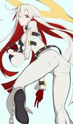  ahoge arc_system_works ass belt bodysuit breasts candy female from_behind gloves guilty_gear guilty_gear_xrd halo jack-o_(guilty_gear) leaning leaning_forward lollipop long_hair looking_at_viewer multicolored_hair pantylines platinum_blonde red_eyes red_gloves red_hair shoes simple_background solo very_long_hair wink 