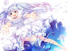  bare_shoulders barefoot blue_eyes blue_hair commentary_request dress ech female flower long_hair looking_at_viewer open_mouth outstretched_arms ribbon solo tama_(wixoss) twintails white_dress wixoss 