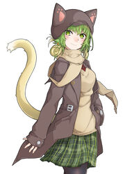  absurdres animal_ears animal_hat atalanta_(fate) belt belt_buckle black_pantyhose blush brown_belt brown_coat brown_hat brown_scarf brown_sweater buckle cabbie_hat cat_ears cat_girl cat_hat cat_tail closed_mouth coat commentary_request fate/apocrypha fate_(series) female gradient_hair green_eyes green_hair green_skirt hair_between_eyes hat head_tilt highres kirishina_(raindrop-050928) light_brown_hair long_sleeves looking_at_viewer multicolored_hair open_clothes open_coat pantyhose photoshop_(medium) plaid plaid_skirt pleated_skirt scarf simple_background skirt sleeves_past_wrists smile solo sweater tail tail_raised white_background 