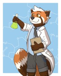  4:5 absurd_res ailurid black_nose bottomwear chemistry clipboard clothing coat dual_holding erlenmeyer_flask fur_pattern hair hi_res holding_clipboard holding_erlenmeyer_flask holding_laboratory_glassware holding_object jakemi lab_coat laboratory_equipment laboratory_glassware male mammal necktie number red_panda science scientific_instrument scientist shirt shorts solo topwear underwotter white_hair white_outerwear yellow_eyes 