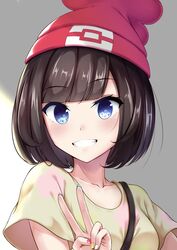  bangs blue_eyes brown_hair collarbone eyebrows_visible_through_hair eyelashes female fingernails hat hesumi highres image_sample mizuki_(pokemon_sm) nose pokemon pokemon_(game) pokemon_sm red_hat shirt short_hair smile teeth twitter_sample v yellow_shirt 