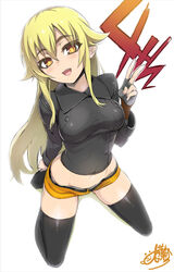  :d ashikaga_chachamaru black_gloves black_thighhighs blonde_hair choker female fingerless_gloves from_above gloves hair_between_eyes long_hair looking_at_viewer midriff ookuma_nekosuke open_mouth photoshop_(medium) pointy_ears signature simple_background smile solo soukou_akki_muramasa thighhighs v yellow_eyes 