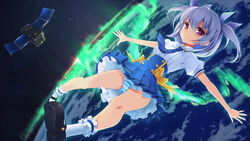  commentary_request expressionless female floating frilled_socks frills grey_hair hair_ribbon hayabusa_(spacecraft) layered_skirt looking_at_viewer mary_janes necktie original outstretched_arms panties photoshop_(medium) planet pleated_skirt red_eyes ribbon satellite shoes short_sleeves skirt socks solo striped_clothes striped_panties twintails underwear wapokichi 