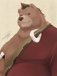  2018 3:4 anthro bear brown_body brown_fur clothed clothing fur furygrowl hi_res kumao male mammal mohumohuotou okatana overweight overweight_anthro overweight_male sdorica simple_background solo 