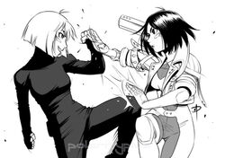  2girls alita battle battle_angel_alita battle_angel_alita:_mars_chronicle blocking bob_cut bodysuit commentary cropped_jacket cyborg duel english_commentary erika_(gunnm) greyscale grin monochrome multiple_girls parted_lips photoshop_(medium) polarityplus short_hair smile 